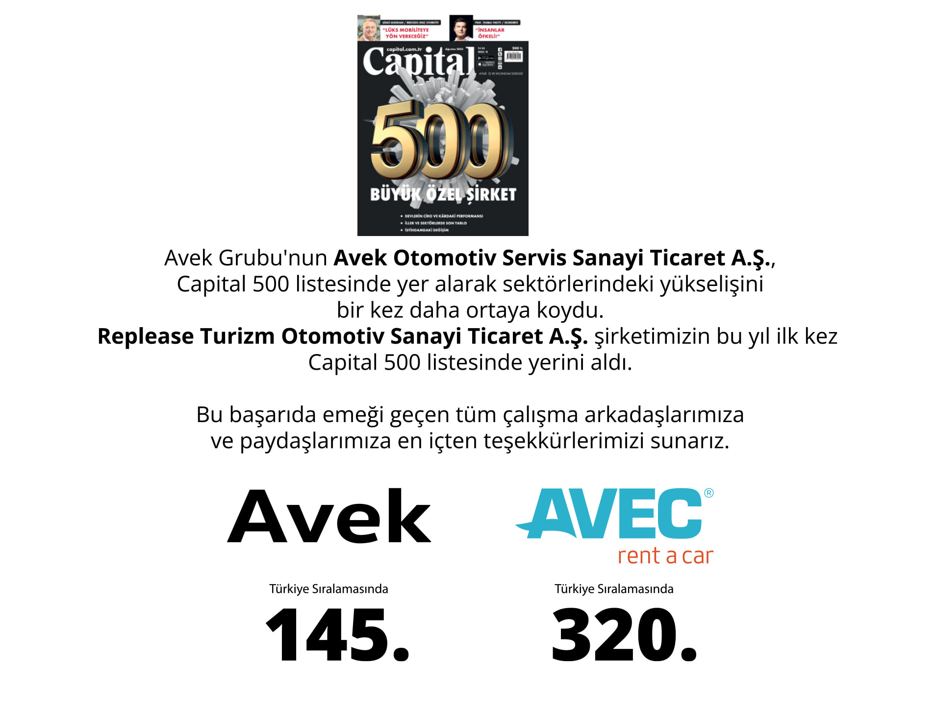 Avek Grubu’nun iki güçlü markası Capital 500 Türkiye 2024 listesinde önemli başarılara imza attı.